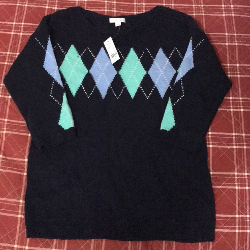 New York & company blue geometric print squares Christmas new year sweater